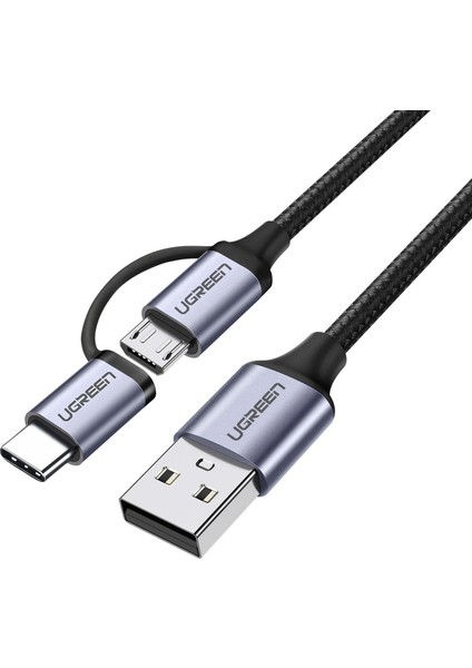 2'si 1 Arada Örgülü Type-C Micro USB Şarj ve Data Kablosu 1 Metre