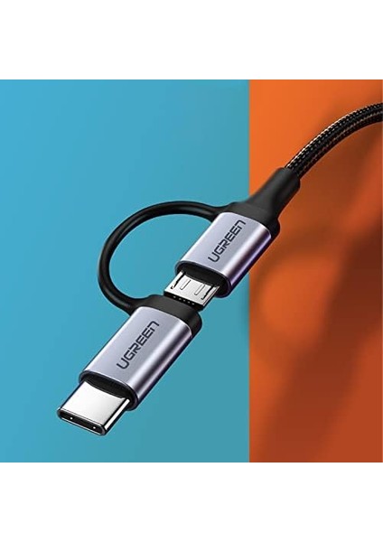 2'si 1 Arada Örgülü Type-C Micro USB Şarj ve Data Kablosu 1 Metre