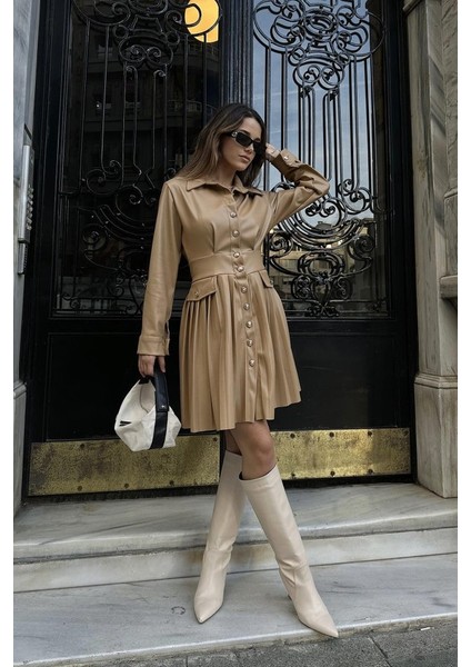 Bej Piliseli Deri Elbise