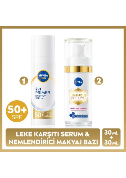 Sun SPF50 Primer Nemlendirici Makyaj Bazı 30ML ve LUMINOUS630 Thiamidol Leke Karşıtı Cilt SERUM30ML