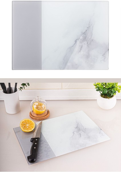 Cam Kesme Tahtası, Temperli Isıya Kırılmaya Dayanıklı Kesim Panosu 25X35 cm Gri Mermer Desen