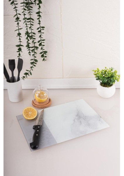Cam Kesme Tahtası, Temperli Isıya Kırılmaya Dayanıklı Kesim Panosu 25X35 cm Gri Mermer Desen fiyatları