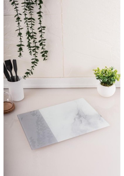 Cam Kesme Tahtası, Temperli Isıya Kırılmaya Dayanıklı Kesim Panosu 25X35 cm Gri Mermer Desen indirimleri