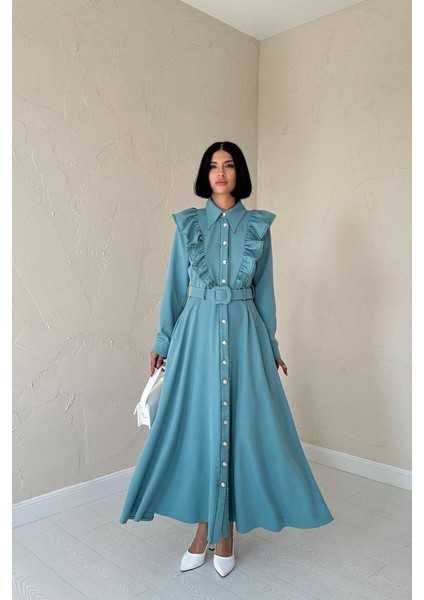 Mint Fırfırlı Dantelli Elbise