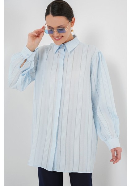 Çizgili Uzun Gömlek Tunik 5947 - Mavi