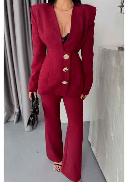 Tasarım Ceket-Pantolon Takım Metal Düğme Detaylı - Bordo fiyatları