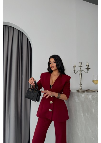 Tasarım Ceket-Pantolon Takım Metal Düğme Detaylı - Bordo fırsatları