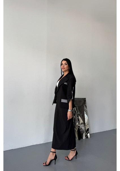 Crop Ceket - Etek Takım - Siyah