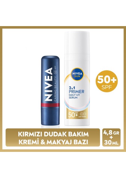 Sun SPF50 Güneş Koruyucu Primer Nemlendirici Makyaj Bazı30 ml Ve Kırmızı Renk Nemlendirici Dudak Krem