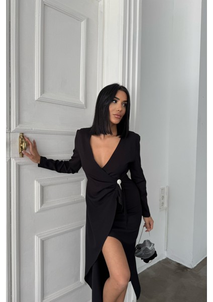 Kruvaze Broş Detaylı Elbise - Siyah modelleri