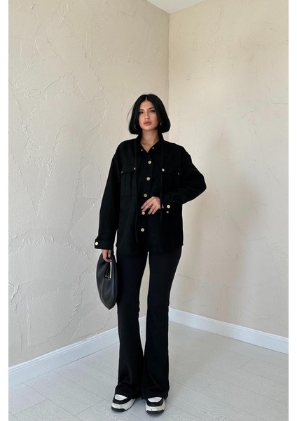 Siyah Çıtçıtlı Süet Gömlek