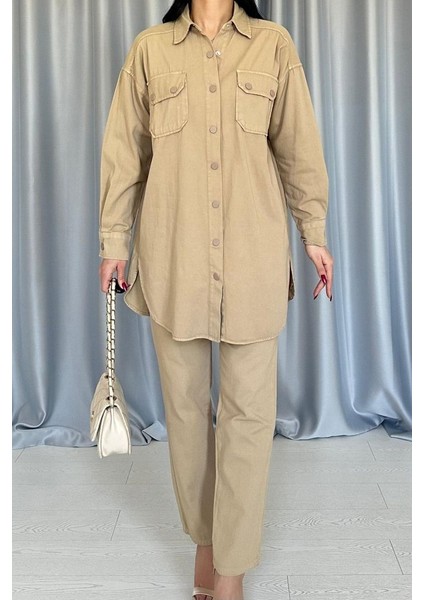 Camel Yıkamalı Gömlek ve Pantolon Takım modelleri