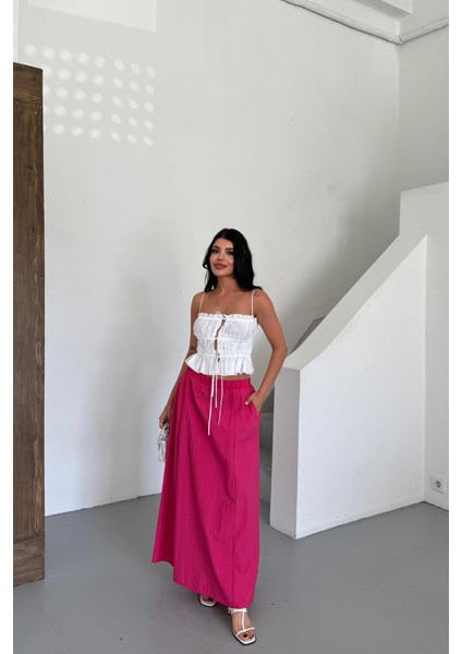 Etek Şanel Boy Soft Kumaş - Fuşya