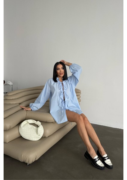 Gömlek Poplin Hakim Yaka Önden Bağlama Ip Detaylı - Mavi