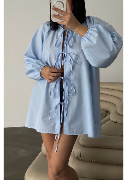 Gömlek Poplin Hakim Yaka Önden Bağlama Ip Detaylı - Mavi fiyatları