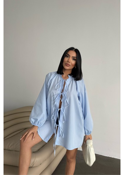 Gömlek Poplin Hakim Yaka Önden Bağlama Ip Detaylı - Mavi fırsatları