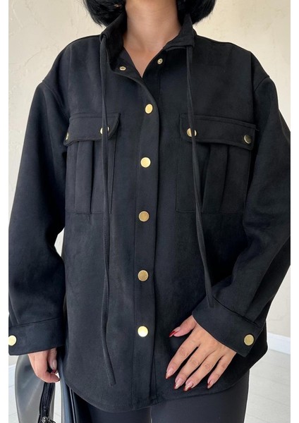 Munn Collection Siyah Çıtçıtlı Süet Gömlek