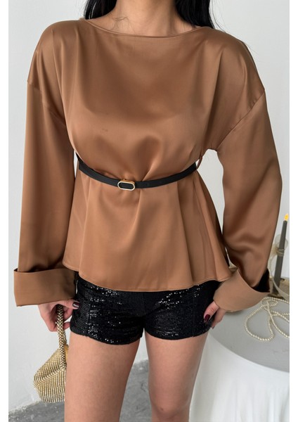 Munn Collection Kemer Detaylı Saten Bluz - Kahverengi modelleri