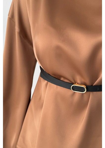 Munn Collection Kemer Detaylı Saten Bluz - Kahverengi fırsatları