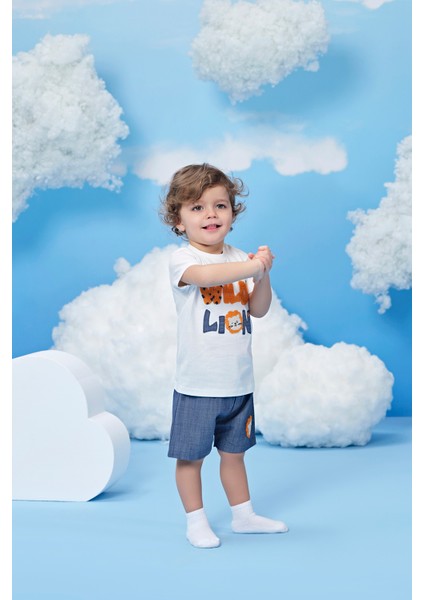 Nakış Detaylı Beyaz Tişört - Şort Erkek Bebek Ikılı Takım