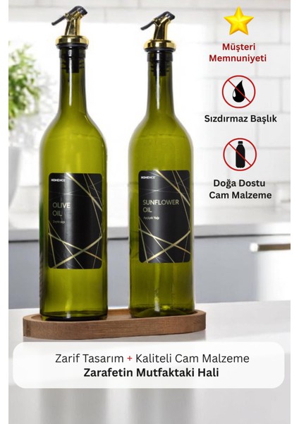Ahşap Stantlı 2'Li Gold Etiketli Zeytinyağı Ayçiçek Yağı Şişesi 750ml Cam Yağdanlık Yağlık Şişesi