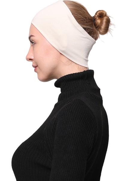 Kadın Penye Dikişsiz Tesettür Bandana Bone Spor Saç Bandı - Krem