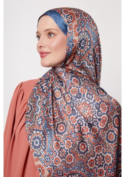 Indigo Batik Desen Hint Ipeği Şal