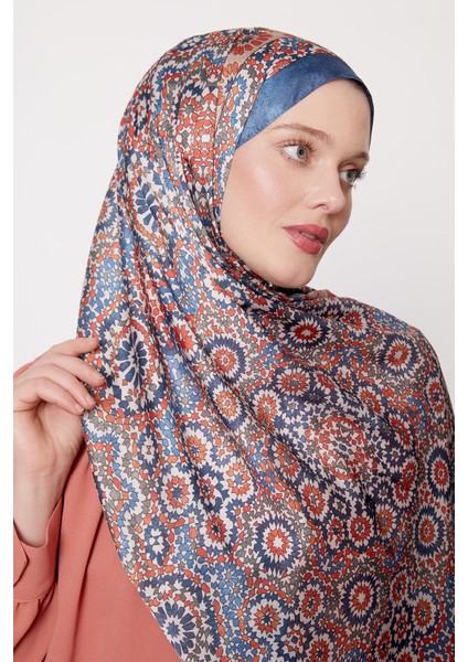 Indigo Batik Desen Hint Ipeği Şal
