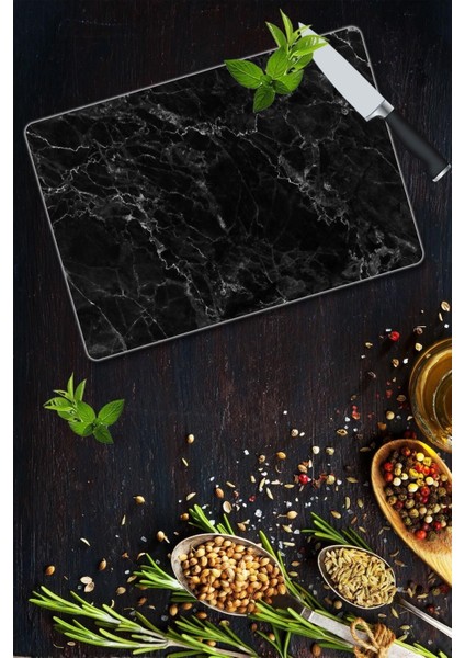 20X30 cm Cam Kesme Tahtası Siyah Mermer Görünümlü