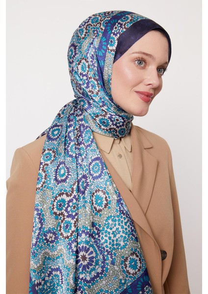 Lacivert Batik Desen Hint Ipeği Şal