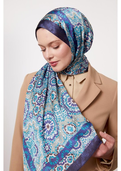 Lacivert Batik Desen Hint Ipeği Şal