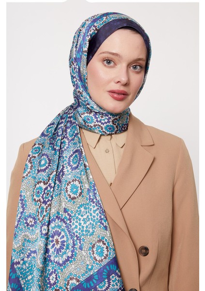 Lacivert Batik Desen Hint Ipeği Şal