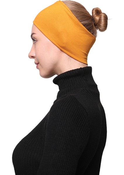 Kadın Penye Dikişsiz Tesettür Bandana Bone Spor Saç Bandı - Hardal