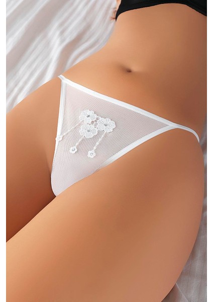 Beyaz Nakışlı Desenli Tanga String fiyatları