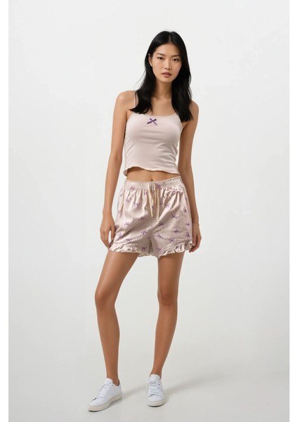 Kadın Lila Fiyonk Desenli Ip Askılı Üst Şort Pijama Takımı