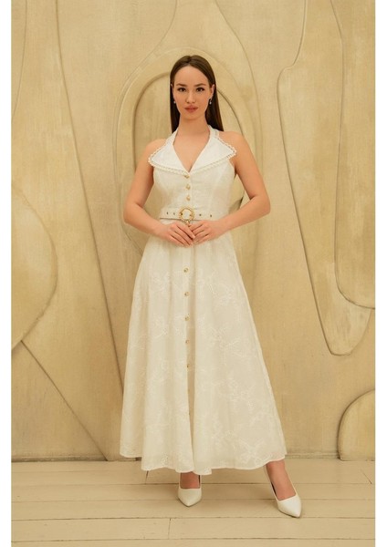 Munn Collection Beyaz Inci Kemer Detaylı Dantelli Elbise