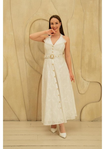 Munn Collection Beyaz Inci Kemer Detaylı Dantelli Elbise modelleri