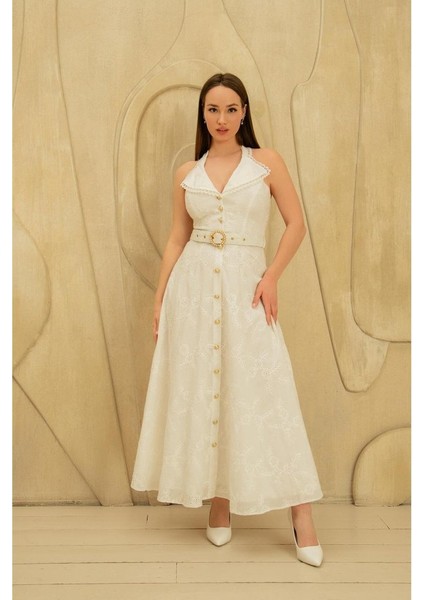 Munn Collection Beyaz Inci Kemer Detaylı Dantelli Elbise fırsatları