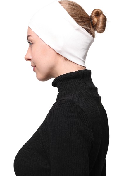 Kadın Penye Dikişsiz Tesettür Bandana Bone Spor Saç Bandı - Ekru