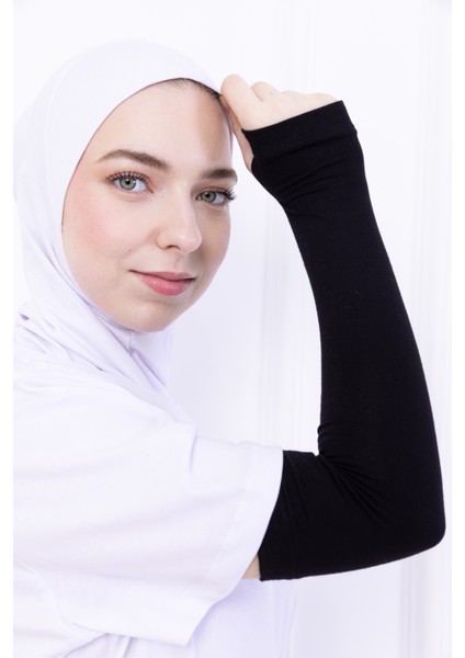 Parmak Geçmeli Likralı Kolluk Siyah - Kadın Tesettür Düz Namaz Kolluğu 1 Çift Viskon Hijab