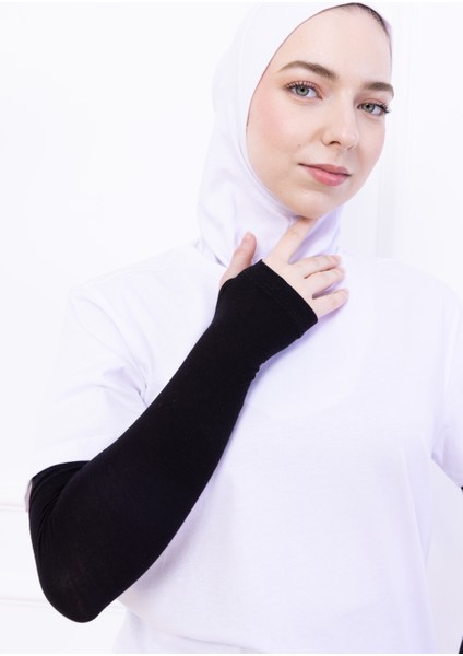 Parmak Geçmeli Likralı Kolluk Siyah - Kadın Tesettür Düz Namaz Kolluğu 1 Çift Viskon Hijab