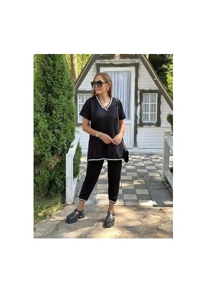 Munn Collection Kadın Kısa Kollu V Yakalı Iki Iplik Bluz ve Pantolon Ikili Takım fiyatları