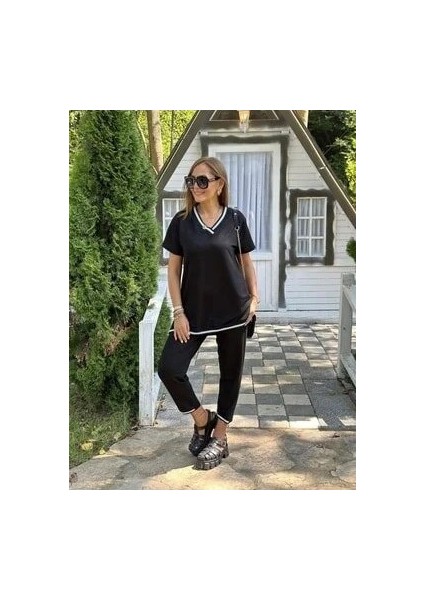 Munn Collection Kadın Kısa Kollu V Yakalı Iki Iplik Bluz ve Pantolon Ikili Takım modelleri