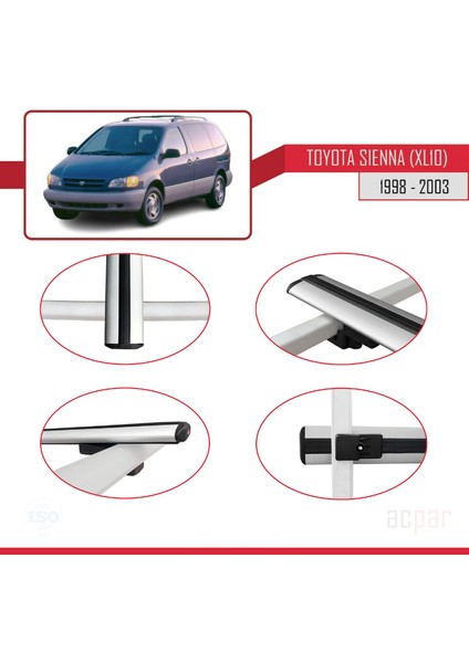 Toyota Sienna (XL10) 1998-2003 Arası ile Uyumlu Basıc Model Ara Atkı Tavan Barı Gri 3 Adet