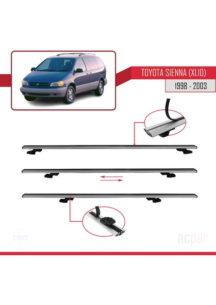 Toyota Sienna (XL10) 1998-2003 Arası ile Uyumlu Basıc Model Ara Atkı Tavan Barı Gri 3 Adet