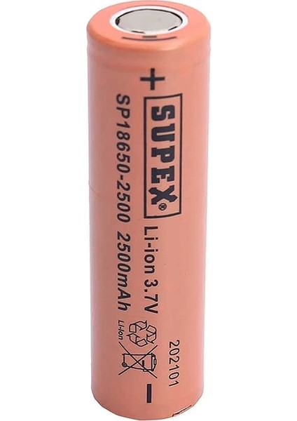 Supex 18650-2500 3.7V 2500 Mah Düz Kafa Lı-Ion Pil