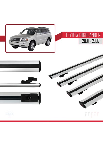 Toyota Highlander 2001-2007 Arası ile Uyumlu Basıc Model Ara Atkı Tavan Barı Gri 4 Adet
