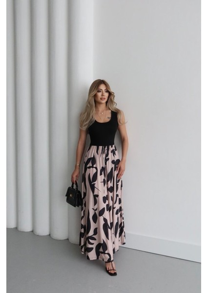 Munn Collection Kadın Askılı Yuvarlak Yaka Üst Viskon Alt Desenli Uzun Süprem Elbise fiyatları