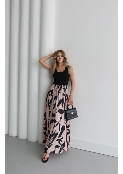 Munn Collection Kadın Askılı Yuvarlak Yaka Üst Viskon Alt Desenli Uzun Süprem Elbise indirimleri