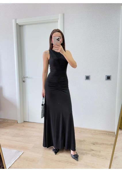 Kolsuz Büzgülü Uzun Elbise - Siyah fiyatları